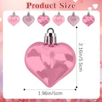 Valentines Day Heart Ornaments, 24Pcs Hanging Heart Ornaments, Glitter Pink Heart-Shaped Baubles for Outdoor Wedding Anniversary Mother's Day Romantic Galentines Valentines Day Party Decoration