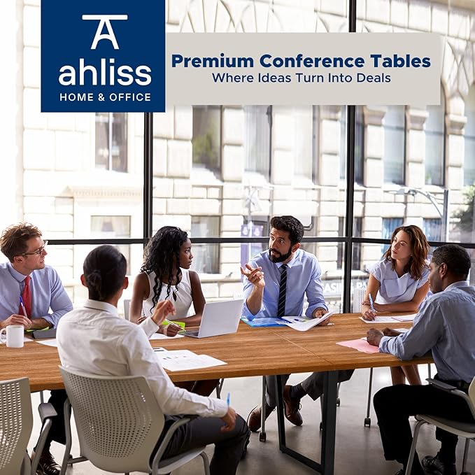 Sturdy Conference Table with Cable Management Grommets Modern Rectangle Office Meeting Table with Wood Tabletop and Metal Frame & Legs- Easy Assembly Boardroom Table (Natural, 12 Foot)