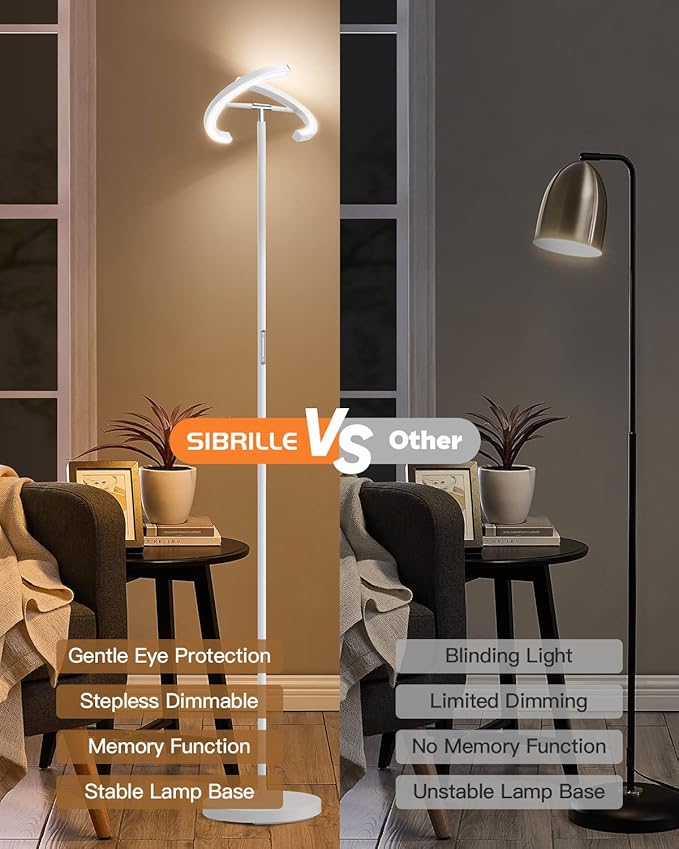 White Floor Lamp, Modern Stepless Dimmable Standing Lamp 3000-6000K, 20W LED Rotatable Reading Tall Lamp, Touch & Remote Control Uplighter Floor Lamps for Living Room Bedroom Office
