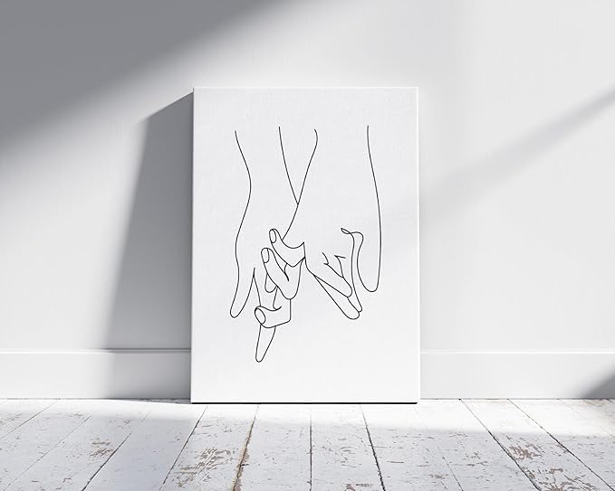 Holding Hands Wrapped Canvas Wall Art Interlocking Fingers Continuous Line Drawing Love 8x10 Inch Gallery Stretched Modern Home Art Decor
