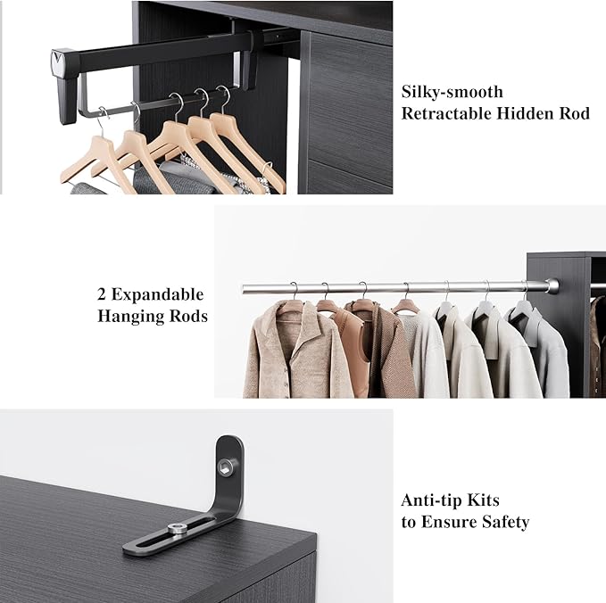 Flrrtenv Closet System, 6.8-9.8Ft Closet Organizer with 2 Wooden Drawers and Pull-out Pants Organizer Rod, Walk-in Wood Closet Organizer Wardrobe Clothes Rack with 3 Hanging Rods, Garment Rack, Black