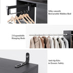 Flrrtenv Closet System, 6.8-9.8Ft Closet Organizer with 2 Wooden Drawers and Pull-out Pants Organizer Rod, Walk-in Wood Closet Organizer Wardrobe Clothes Rack with 3 Hanging Rods, Garment Rack, Black