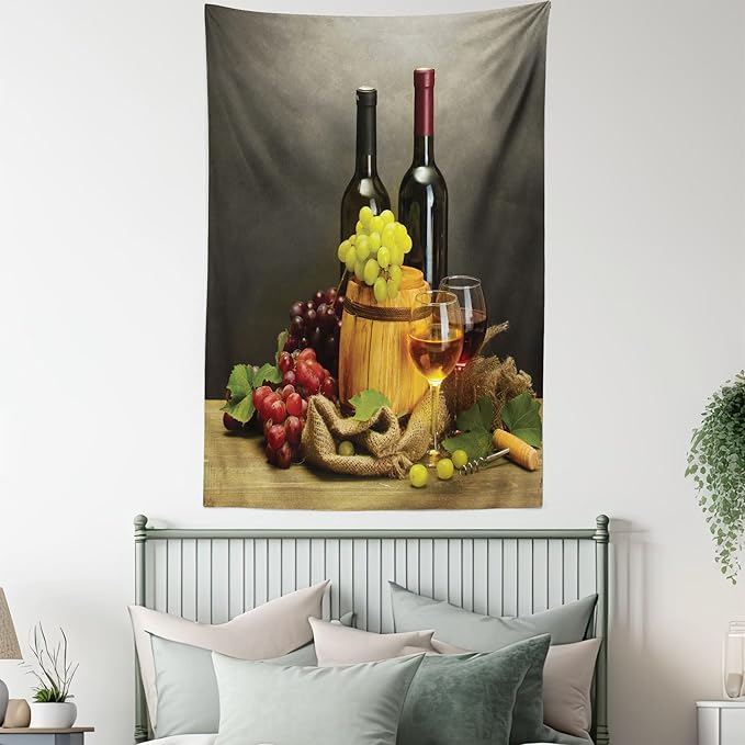 Ambesonne Winery Tapestry Twin Size, Cask Bottles and Glasses of Wine and Ripe Grapes on Wooden Table Picture Print, Wall Hanging Bedspread Bed Cover Wall Decor, 68" X 88", Grey Taupe