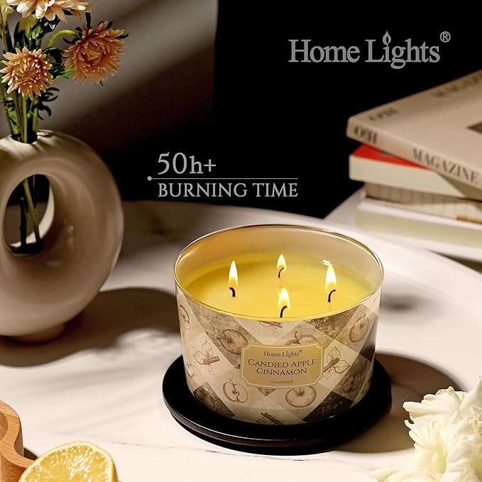 HomeLights Large jar Candle | 4-Wick Long-Lasting Scented Candles, 18oz Natural Soy Wax Candle for Home Scented, Rustic Modern Gifts for Women & Men, Candied Apple Cinnamon