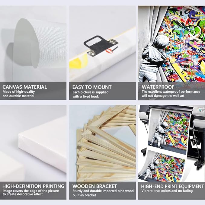 Novatique Banksy Canvas Wall Art Modern Street Wall Art Behind the Curtain Painting Framed Print Graffiti Art Wall Decor for Living Room Bedroom,16" x 24" x 3pcs