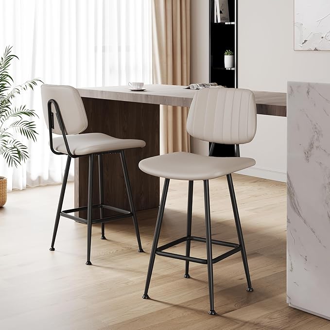 24-Inch Leather Bar Stools Set of 2, Counter Height Barstools with High Backrest，Bar Chairs for Kitchen Island with Heavy Duty Metal Base, Beige