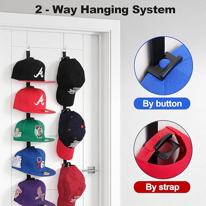 Hat Rack for Door - Two-Way Hanging Caps with Display Hooks and Hanger, Hat Organizer for Baseball Caps, Over the Door Hat Storage Organizer for Bedroom, Entrance or Garage Doors - 2 Packs