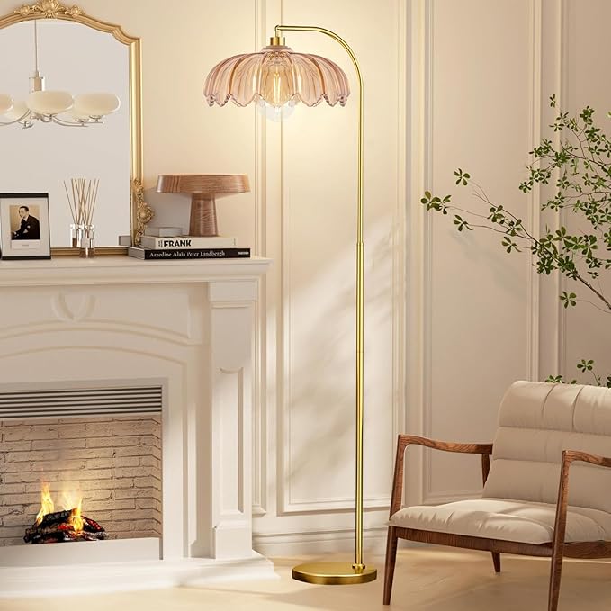 Gold Floor Lamp Dimmable Standing Lamp with Remote,Brass Tall Lamp Mid Century Modern Retro Glass Vintage Green Lamp Floor Light Boho Bohemian for Living Room,Bedroom