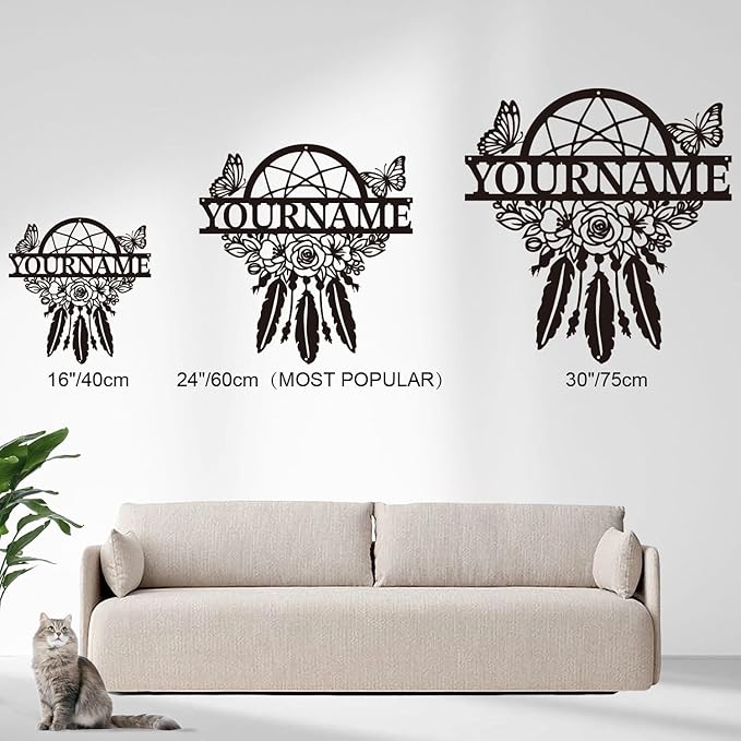 Personalized Dream Catcher Metal Wall Art - Custom Name Iron Sign for Home Decor, 8-30 Inch Black (Style D)