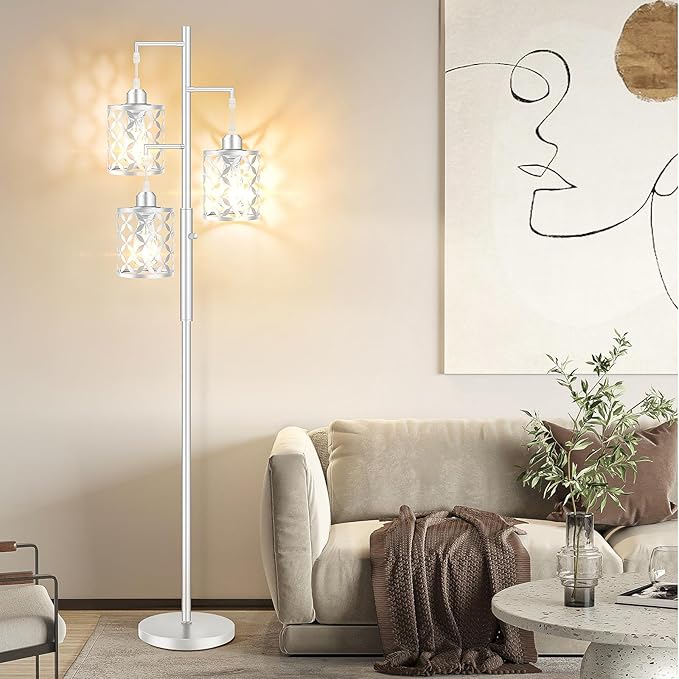 【Upgraded】72" Tall Dimmable Floor Lamp, Modern Standing Lamp with Elegant Metal Cage, Industrial Tree Floor Lamps for Living Room, Bedroom, Study Room, Office (3 x 800LM LED Bulbs Included) - Silver