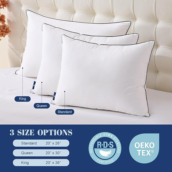 Feather Down Pillows King Size Set of 2, Luxury Hotel Collection Bed Pillow 2 Pack, Airyfil™ Powered Fillings & Feathers Pillow，Fluffy Plush for Side Sleepers,Firm, 20x36 in.