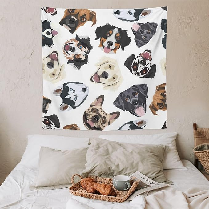 VUMIVI Dog-Head Tapestry Cartoon Pet Illustrations Cute Funny Animals Colorful Graffiti Tapestry Wall Hanging for Living Room Bedroom Dorm Classroom Aesthetic Decor W60xL60in