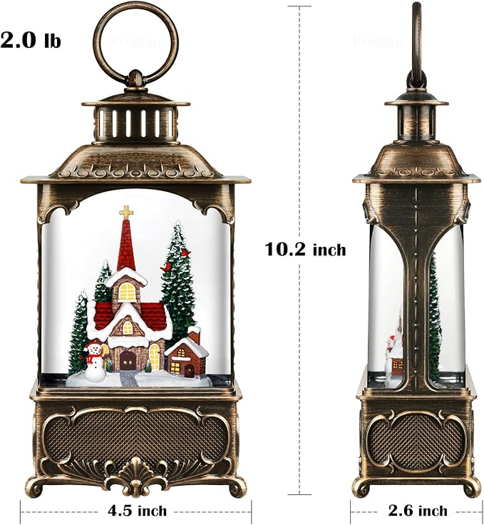 Church Snow Globe Christmas Decorations Gifts Snowman Cabin Cardinal Tree USB/Battery Timer Music Glitter Snowfall Lantern 10.2 inch