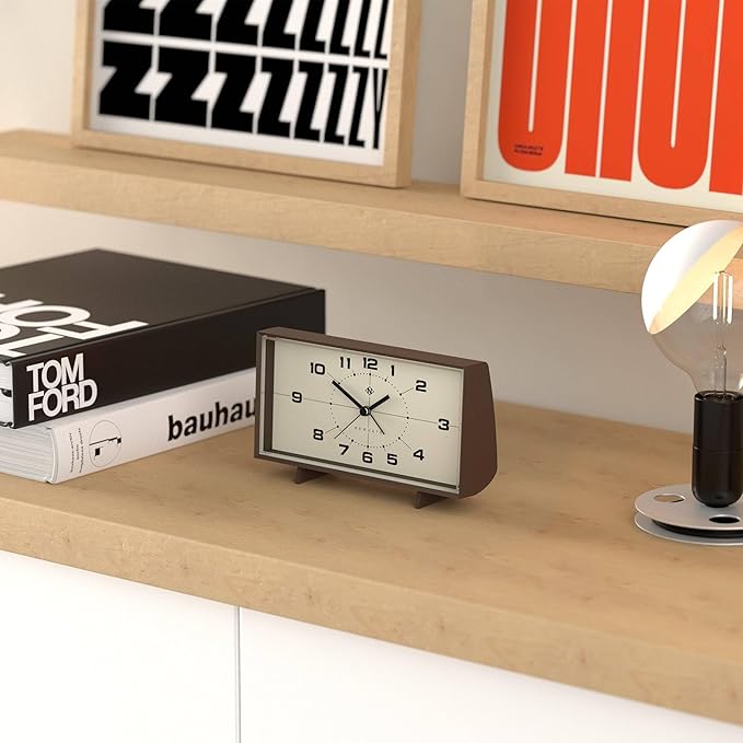 NEWGATE® Wideboy Alarm Clock | Rectangular Retro Design | Mocha Brown | Mid Century dial | Ideal for Bedside, Desk, Mantel or Shelf | Retro Bedroom & Office Accessory