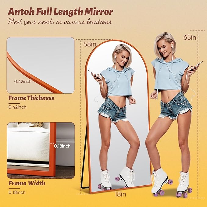 Antok Full Length Mirror, 58"x18" Floor Mirror, Arched Floor Standing Freestanding Arch Full Body Mirrors with Stand for Bedroom, Hanging Mounted for Living Room Cloakroom,Orange