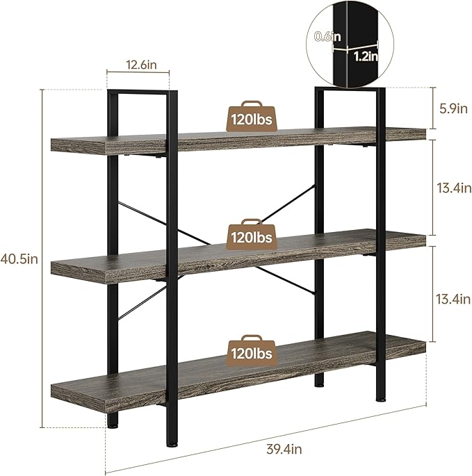 Heavy Duty 3-Tier Industrial Bookcase, 39" Wide Wood Bookshelf for Home Office, 120lbs Shelf Capacity, Rustic Shelving Display with Reinforced Horizontal Shelf for Living Room Bedroom, Grey