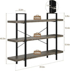 Heavy Duty 3-Tier Industrial Bookcase, 39" Wide Wood Bookshelf for Home Office, 120lbs Shelf Capacity, Rustic Shelving Display with Reinforced Horizontal Shelf for Living Room Bedroom, Grey