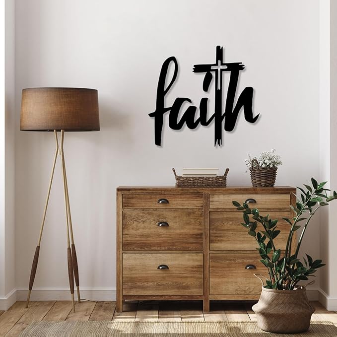 Faith Cross Metal Wall Sign, Faith Metal Wall Decor, Christian Cross Wall Decor, Religious Art Wall Decor, Spiritual Wall Art, Metal Wall Art, Wall Decor for Living room, Church (43"x39" | 110x100cm, Gold)