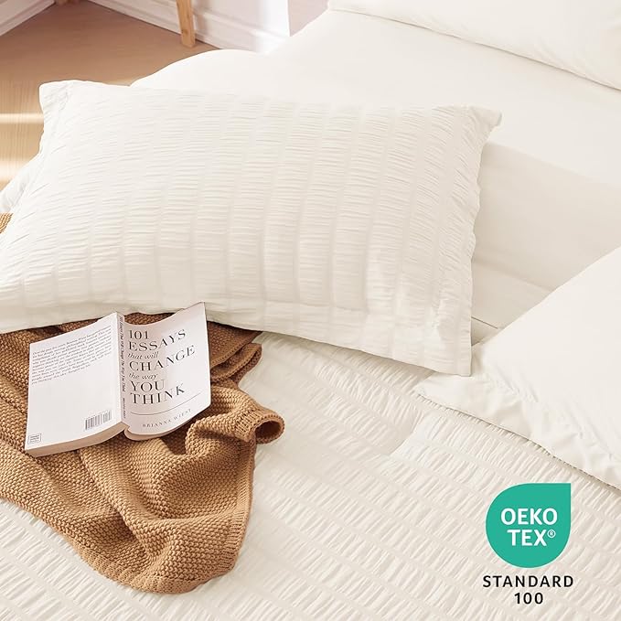 MUXHOMO 7 Pieces Queen Comforter Set, Seersucker Bed in a Bag Queen Size, All Season Luxury Bedding Set with Comforter, Flat Sheet, Fitted Sheet, Pillowcases & Shams, Ivory