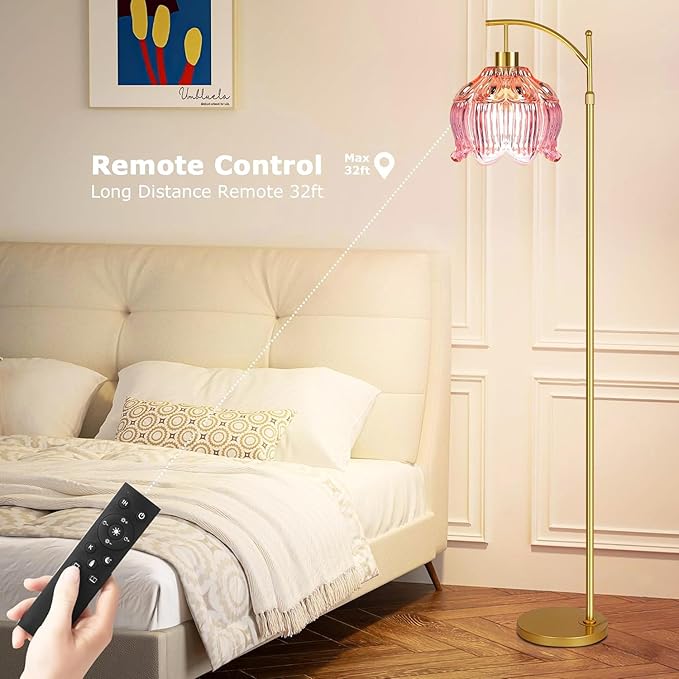 Pink Floor Lamp for Living Room,Bedroom,Glass Gold Dimmable Standing Lamp with Remote,Mid Century Modern Brass Tall Lamp Boho Floor Lamps Arc Stained Tulip Flower Floor Light Lamp Bohemian