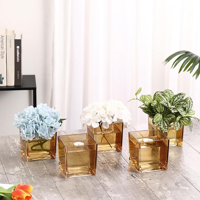 Square Glass Vases Set of 4, 4"x 4"x 4" Flower Vases for Centerpieces, Amber Glass Vase for Flowers, Small Vase for Wedding, Party, Home Office Decoration