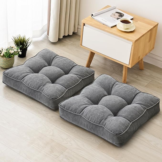 Floor Pillow Set of 2, Memory Foam Floor Cushions for Adults, Large Meditation Pillow for Sitting, 22 x 22 Inches (Square | Grey)