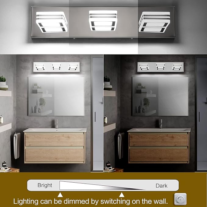 SOLFART Modern Dimmable Vanity Lights for Bathroom LED 3 Light Bathroom Lights Over Mirror Chrome Bath Wall Lighting