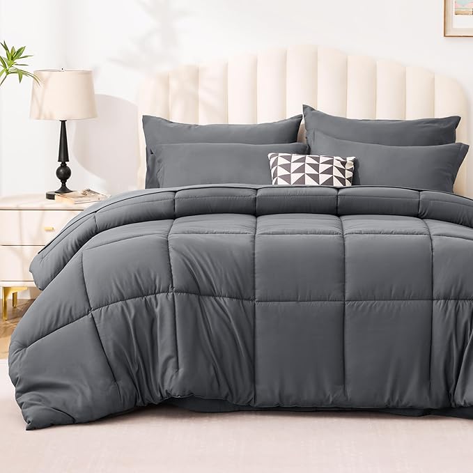 Love's cabin Twin Comforter Set Soot Grey, 5 Pieces Twin Bed in a Bag, All Season Bedding Sets with 1 Comforter, 1 Flat Sheet, 1 Fitted Sheet, 1 Pillowcase and 1 Pillow Sham