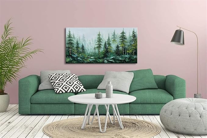 Alenoss Hand Painted Modern 3D Abstract Oil Painting 24x48 Inches Large Forest Landscape Textured Canvas Wall Art Green Artwork for Wall Decoration