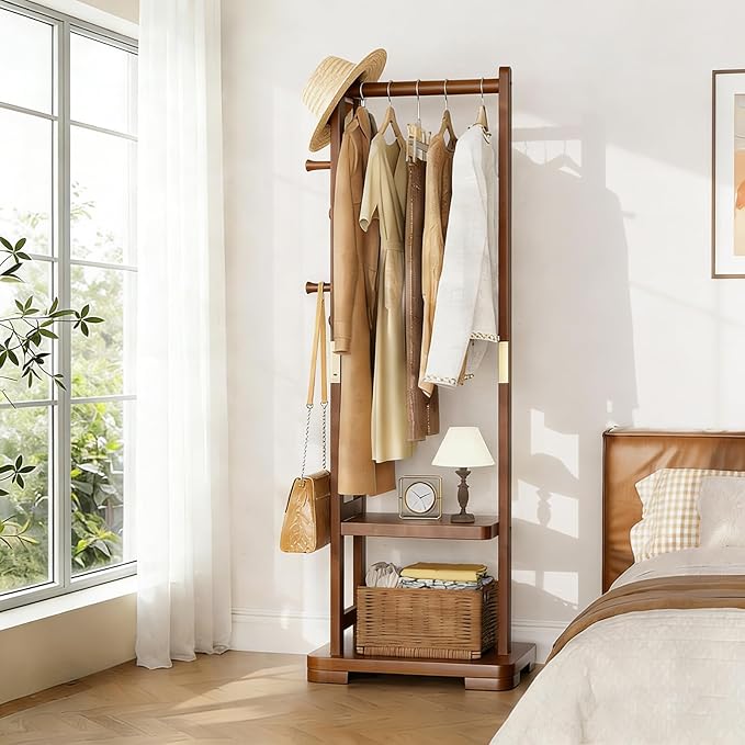 Solid Wood Clothes Rack Coat Rack with 2 Shelves & 4 Hooks for Hanging Clothes Garment Wallets Hats, Clothing Rack Coat Rack Freestanding Hall Tree with Storage for Hallway Bedroom Living Room