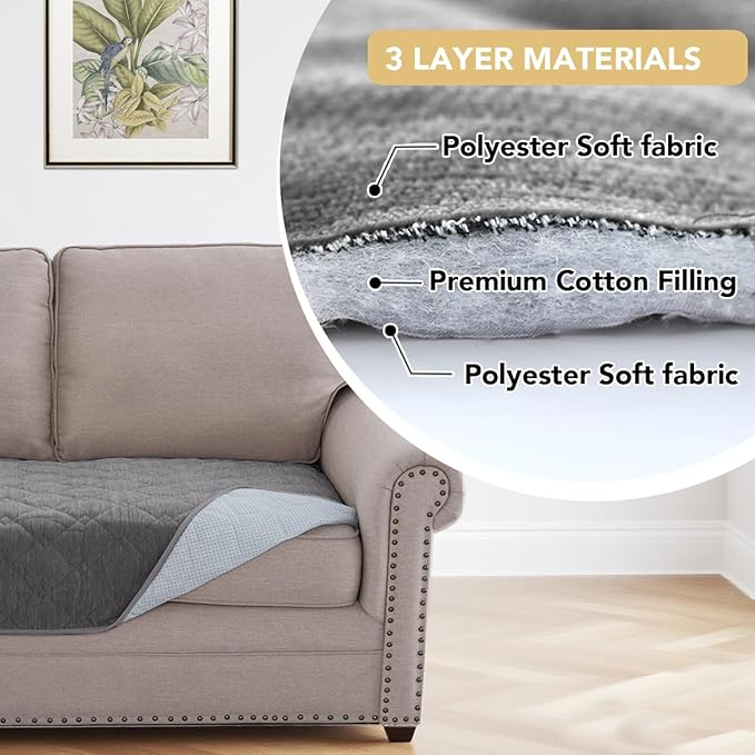 H.VERSAILTEX Couch Cover Chenille Pet Fuzzy Sofa Covers for 3 Cushion Couch Anti Slip Washable Sofa Slipcovers with Strap Soft Couch Protector Cover for Dogs Cats Kids(68" x 82", Light Grey)