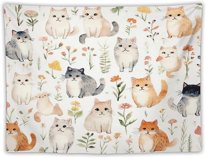 VUMIVI Cute Cat Tapestry Cartoon Pets Flowers Mushrooms Butterflies Watercolor Illustrations Tapestry Wall Hanging for Living Room Bedroom Dorm Classroom Aesthetic Decor W40xL30in