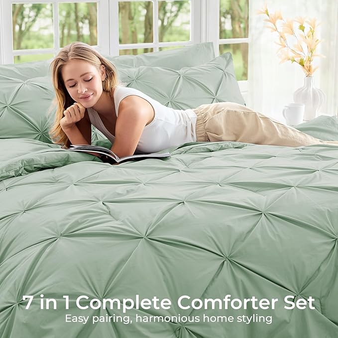 Sasttie Full Size Comforter Set, 7-Piece Bed in a Bag, Pintuck Bedding Sets for All Season, Includes Comforter, Flat Sheet, Fitted Sheet, Pillowcases and Pillowshams, Sage