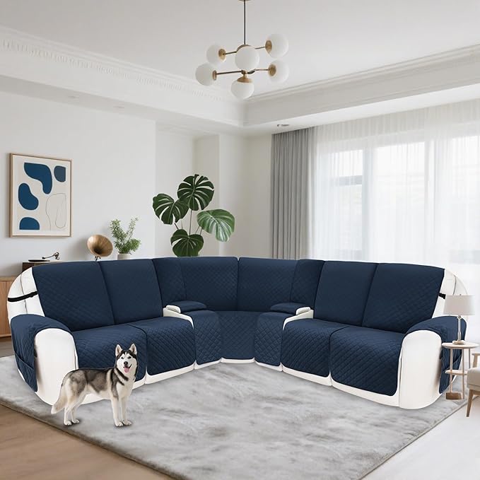 Reclining Sectional Couch Covers 100% Waterproof Velvet L Shape Recliner Couch Covers for Sofa Pets Washable Anti Slip Recliner Slipcovers with Pockets (5 Seat Sofa with 2 Console, Navy Blue)