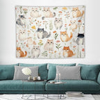 VUMIVI Cute Cat Tapestry Cartoon Pets Flowers Mushrooms Butterflies Watercolor Illustrations Tapestry Wall Hanging for Living Room Bedroom Dorm Classroom Aesthetic Decor W80xL60in