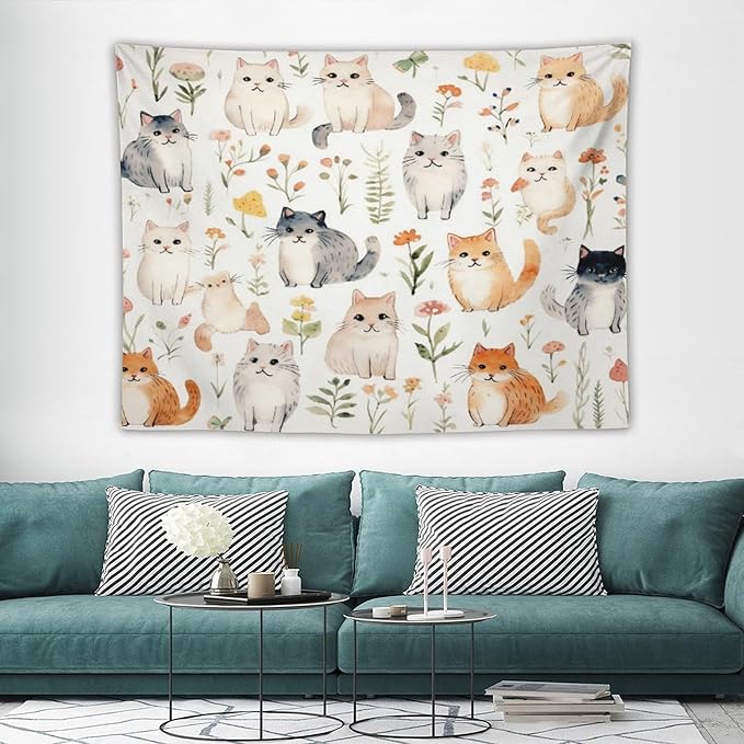 VUMIVI Cute Cat Tapestry Cartoon Pets Flowers Mushrooms Butterflies Watercolor Illustrations Tapestry Wall Hanging for Living Room Bedroom Dorm Classroom Aesthetic Decor W80xL60in