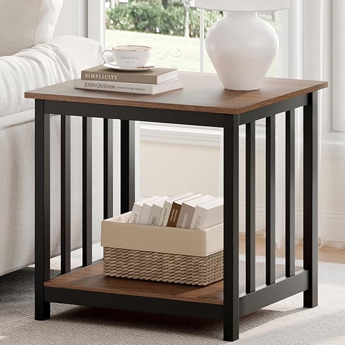 Treocho End Tables Living Room Set of 2, 24 Inch Square Side Table with 2-Tier Storage Shelf, Modern Nightstand for Living Room, Bedroom, Office, Walnut