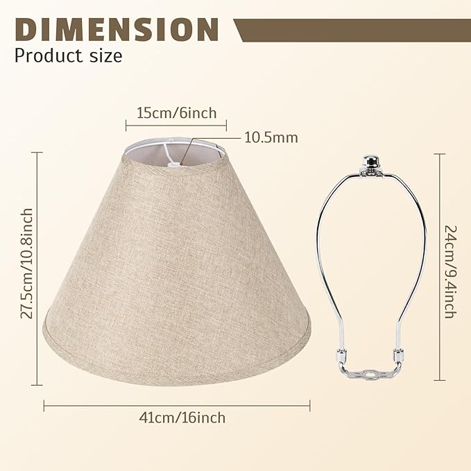 16Inch Large Tan Linen Lamp Shades Set of 2,Rustic Empire Style Fabric Lampshade for Table Lamps and Floor Lamps,Chic Replacement Light Shade,Linen Lamp Shades with Spider Fitter and Harp