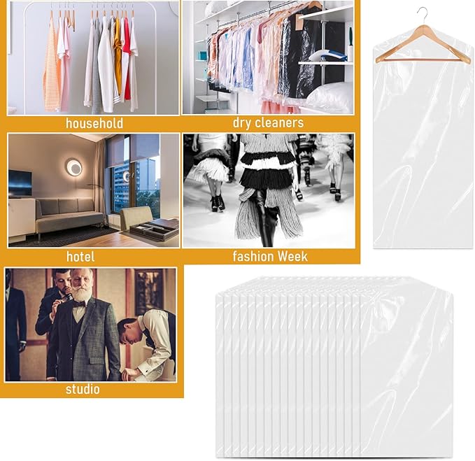 12 Pack Plastic Dry Cleaner Bags 60x150 cm Hanging Clothing Covers Clear Garment Bags Hanging Dust-proof Clothing Protector Covers for Dry Cleaner Home Storage Travel