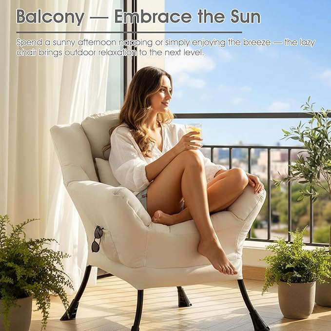 Lazy Chair for Living Room, Large Beige Lounge Accent Chair with a Throw Pillow, Leisure Sofa Chair Set, Comfy Reading Chair for Bedroom, Dorm Room, Office