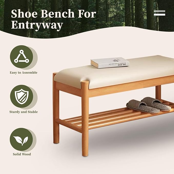 Solid Wood Shoe Bench with Cushion, 2-Tier Shoe Rack for Front Door Entrance, Enterway Benches with Shoe Storage (Natural, 23.6in)