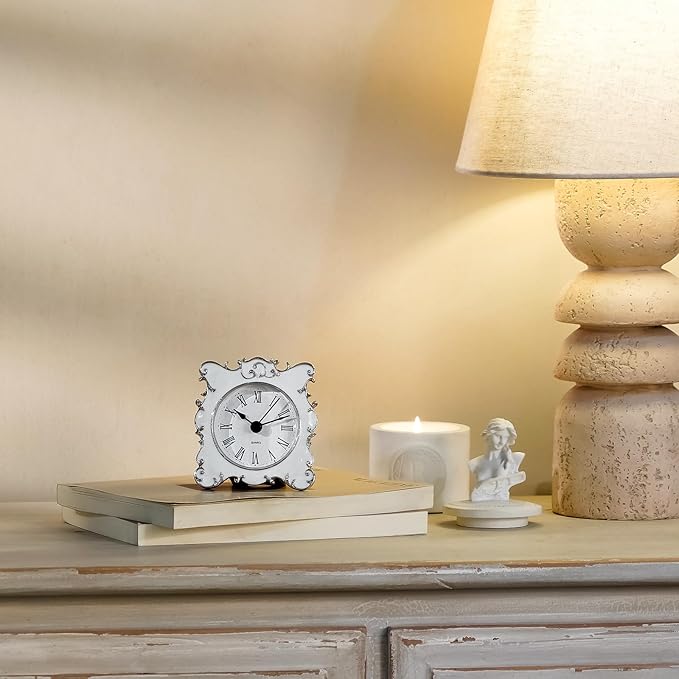 NIKKY HOME Pewter Pretty Small and Cute Vintage Table Clock with Quartz Analog Crystal Rhinestone 3 Inch for Living Room Bathroom Decoration, White Enamel
