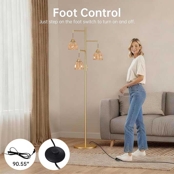 Dimmable Floor Lamp for Living Room, Bedroom, Gold Standing Lamp with 3pcs 6W Bulbs, Vintage Brass Floor Lamps for Corner, Nursery (Amber Tulip)