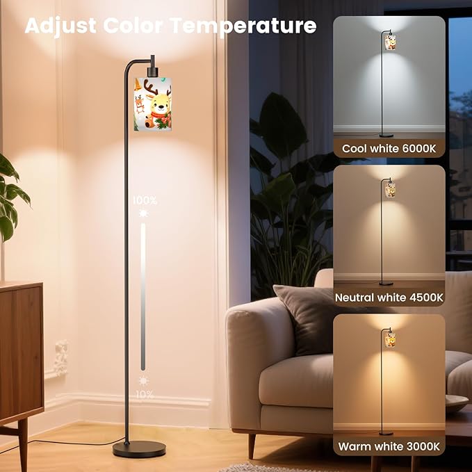 Kids Floor Lamp with Linen Shade, Dimmable Tall Standing Lamp with Remote Control & 3 Color Temperatures, Modern Floor Lamps for Living Room Bedroom Kids Room, 9W LED Bulb Included