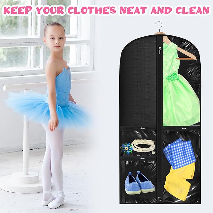Windyun 10 Pack Garment Bags for Dance Costumes Kids 40 Inch Clothing Bags Hanging Clothes with 3 Clear Zipper Pocket Waterproof Garment Cover for Dance Competition, Travel, Closet Storage(Black)