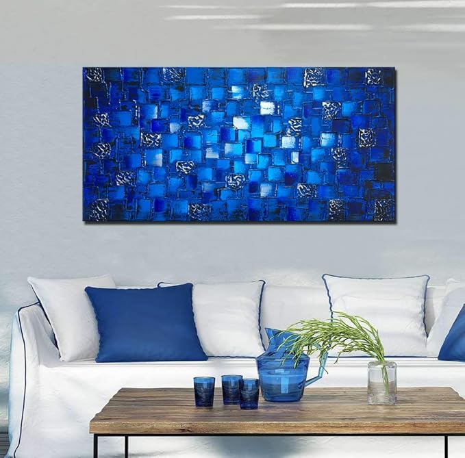 MyArton Large Thick Abstract Dark Blue add Silver Square Wall Art Hand Painted Artwork Textured Oil Painting on Canvas Framed Ready to Hang 60x30inch