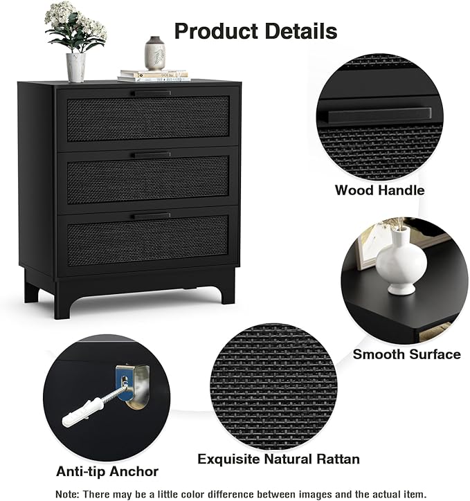 Anmytek 35" H Black Rattan Dresser, Farmhouse 3 Drawer Dresser with Natural Rattan Spacious Chest of Drawers for Living Room, Nursery, Hallway H0096
