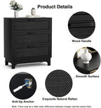Anmytek 35" H Black Rattan Dresser, Farmhouse 3 Drawer Dresser with Natural Rattan Spacious Chest of Drawers for Living Room, Nursery, Hallway H0096