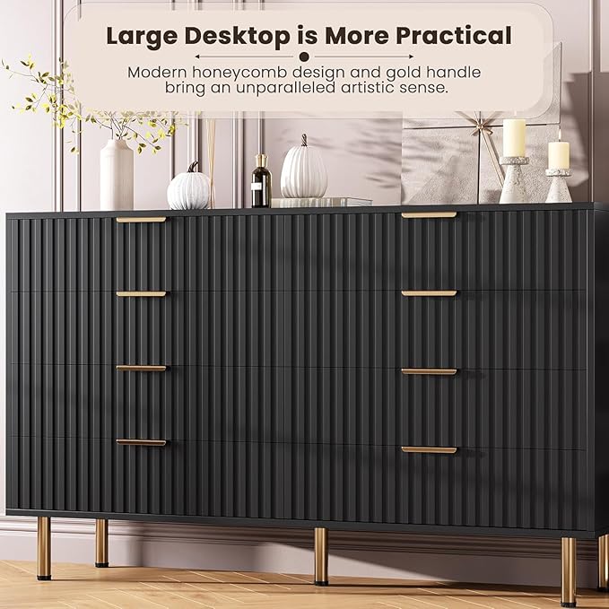 GarveeHome 8 Drawer Dresser for Bedroom, Fluted 55 in Wide Modern Chest of Drawers with Deep Drawers, Wooden Dresser Organizer for Living Room, Hallway, Kids Room, Black