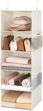StorageWorks 5-Shelf Hanging Closet Organizers, Foldable Closet Storage Organizer with 2 Side Pockets, Portable Hanging Shelves for Clothes, Sweater, 13" D x 15" W x 47 ¾" H, White & Ivory